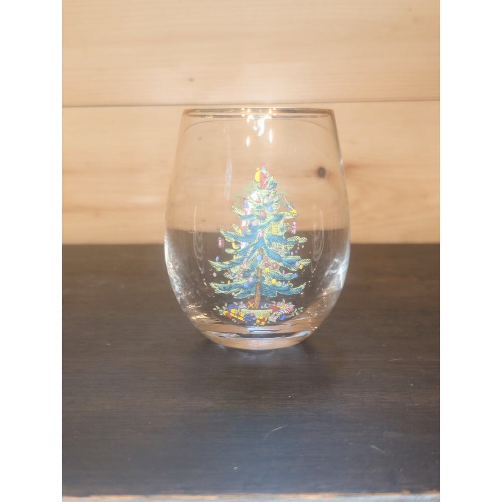 Vintage Spode Christmas Tree Stemless Wine Glass – Gold Rim – 4.5” Tall